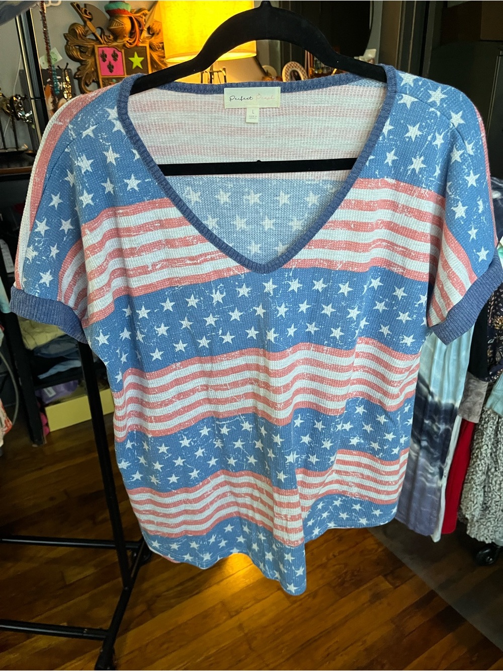 Perfect Peach Patriotic V-Neck Waffle Knit Star & Stripe Knit Top Blue/Red/White